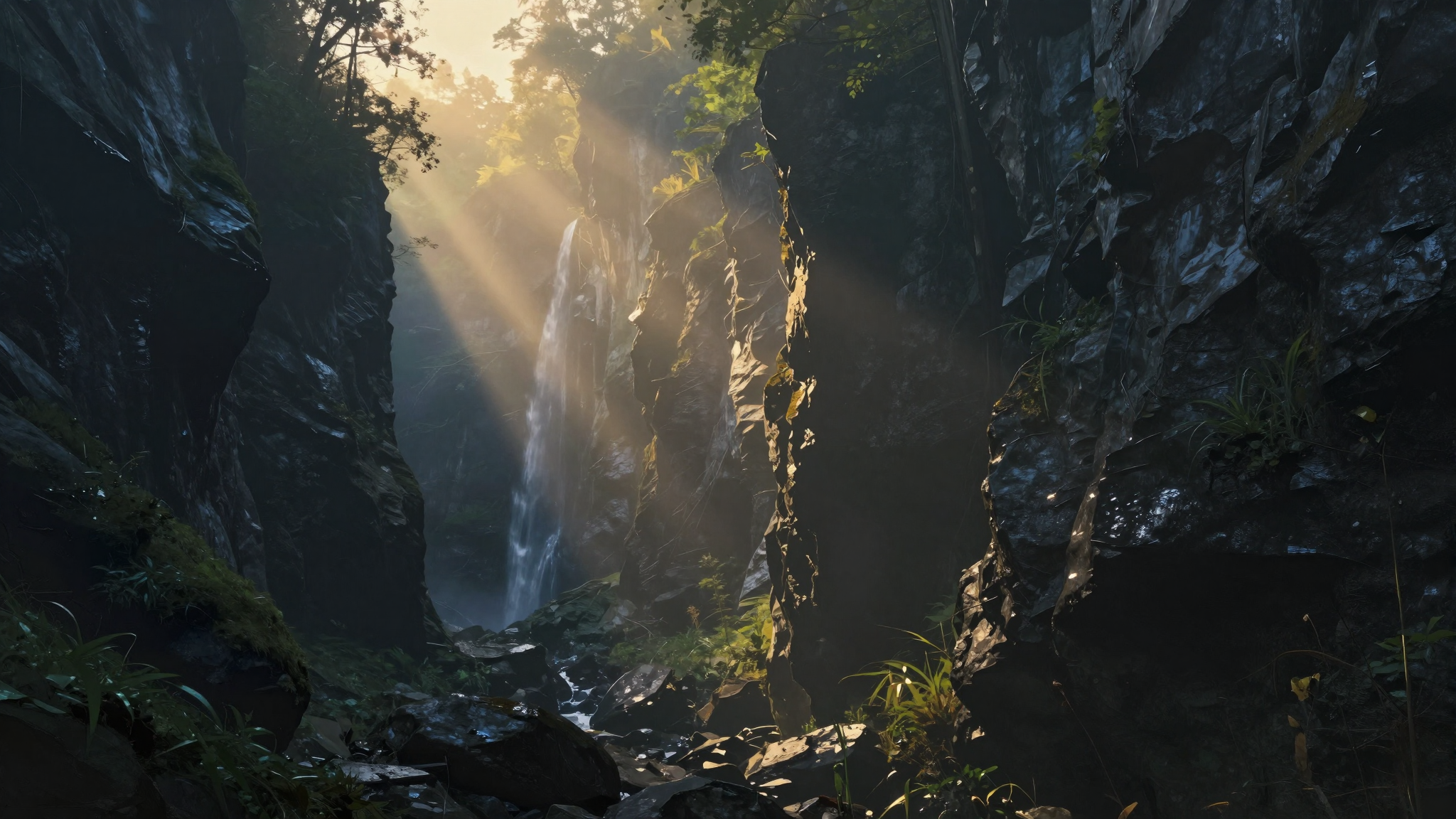 Misty gorge at dawn with golden light filtering through the canopy